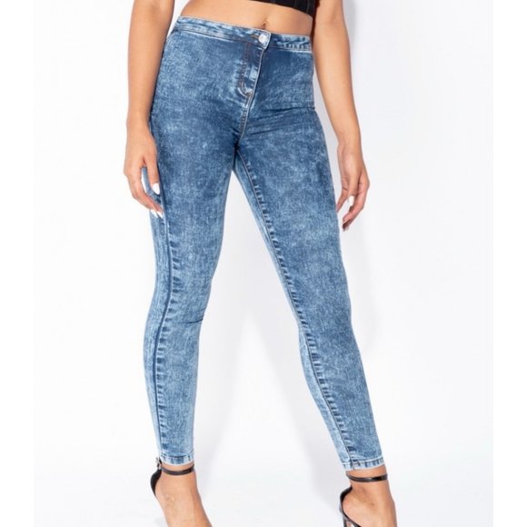 Blue Acid Wash High Waist Skinny Denim Jeggings Pants - Picture 6 of 10